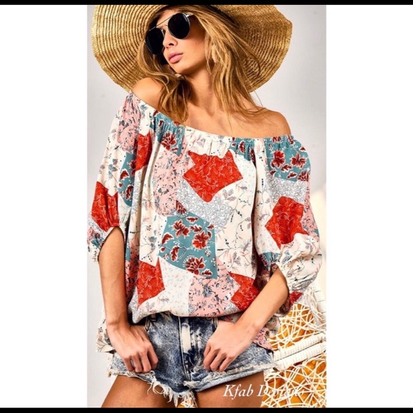 KFab Designs Tops - New!Clearance 🔥Boho Floral Patchwork Woven Off Shoulder Ballon Sleeve Soft Top